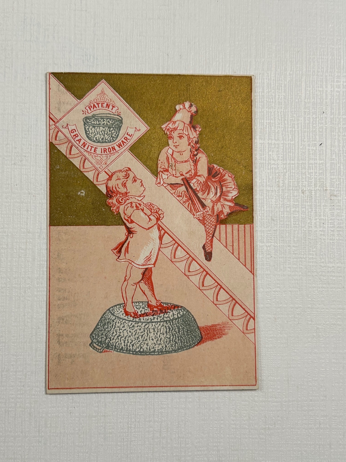 Victorian Trade Card Granite Ironware Little Girl and Boy Talking