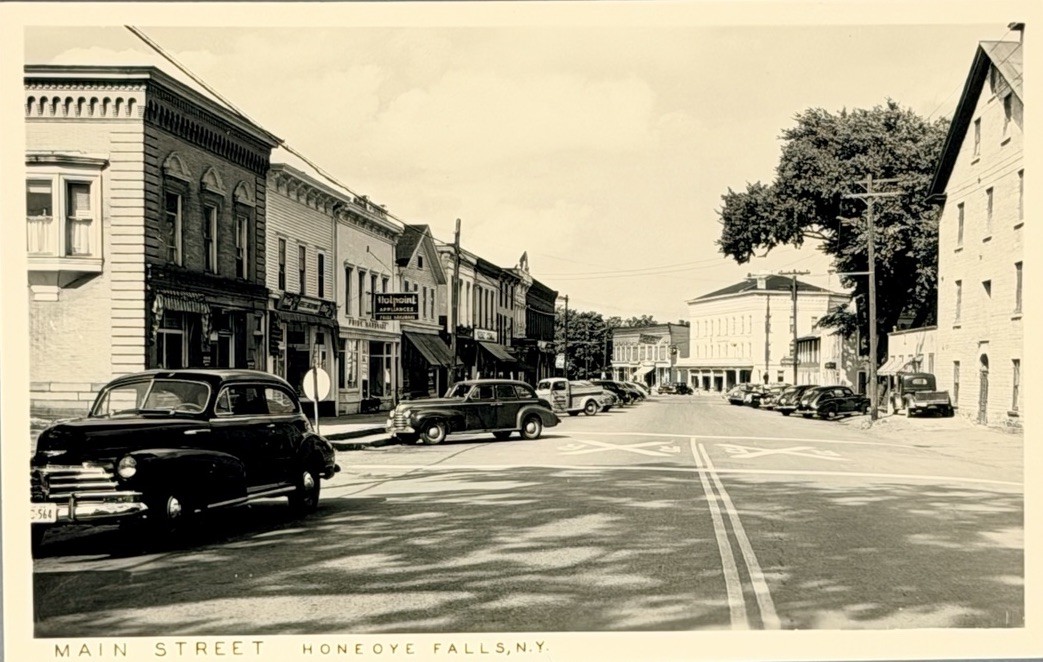 Vintage RPPC Honeoye Falls NY Main Street Postcard Real Photo B&W Unposted Cars
