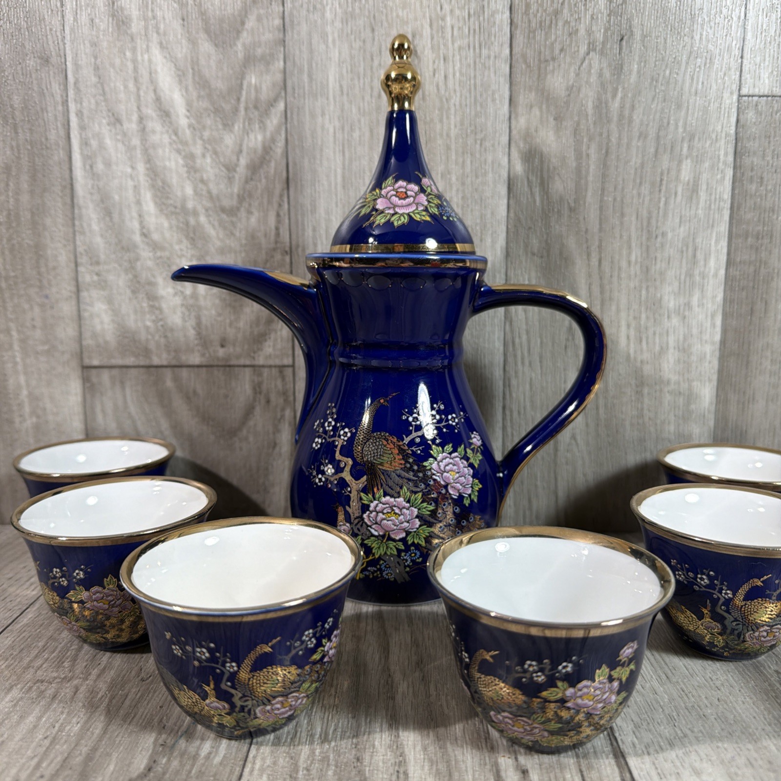 Vintage Okumura Japan Cobalt Blue Tea Set Coffee Pot 6 Cups Gold Trim Porcelain