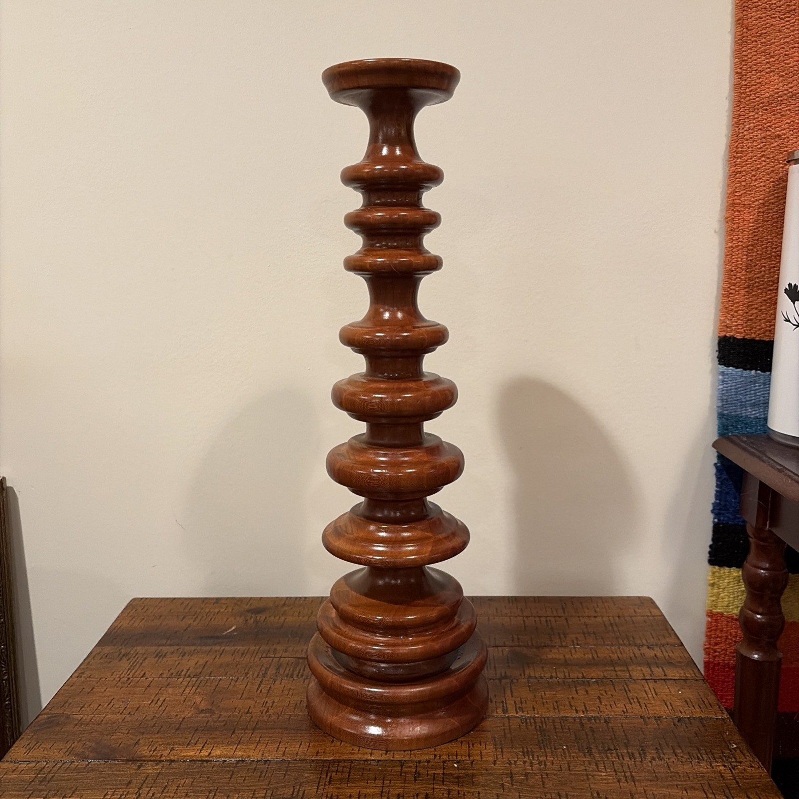 OOAK Vintage Hand Turned Cherry Wood Candle Holder W/ Felt Base 18” Tall