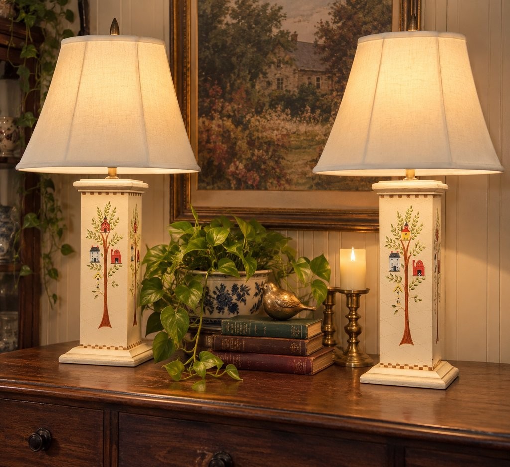 Vintage 1996 Jean Oates The Plantation Table Lamps Pair Hand  Painted Birdhouse