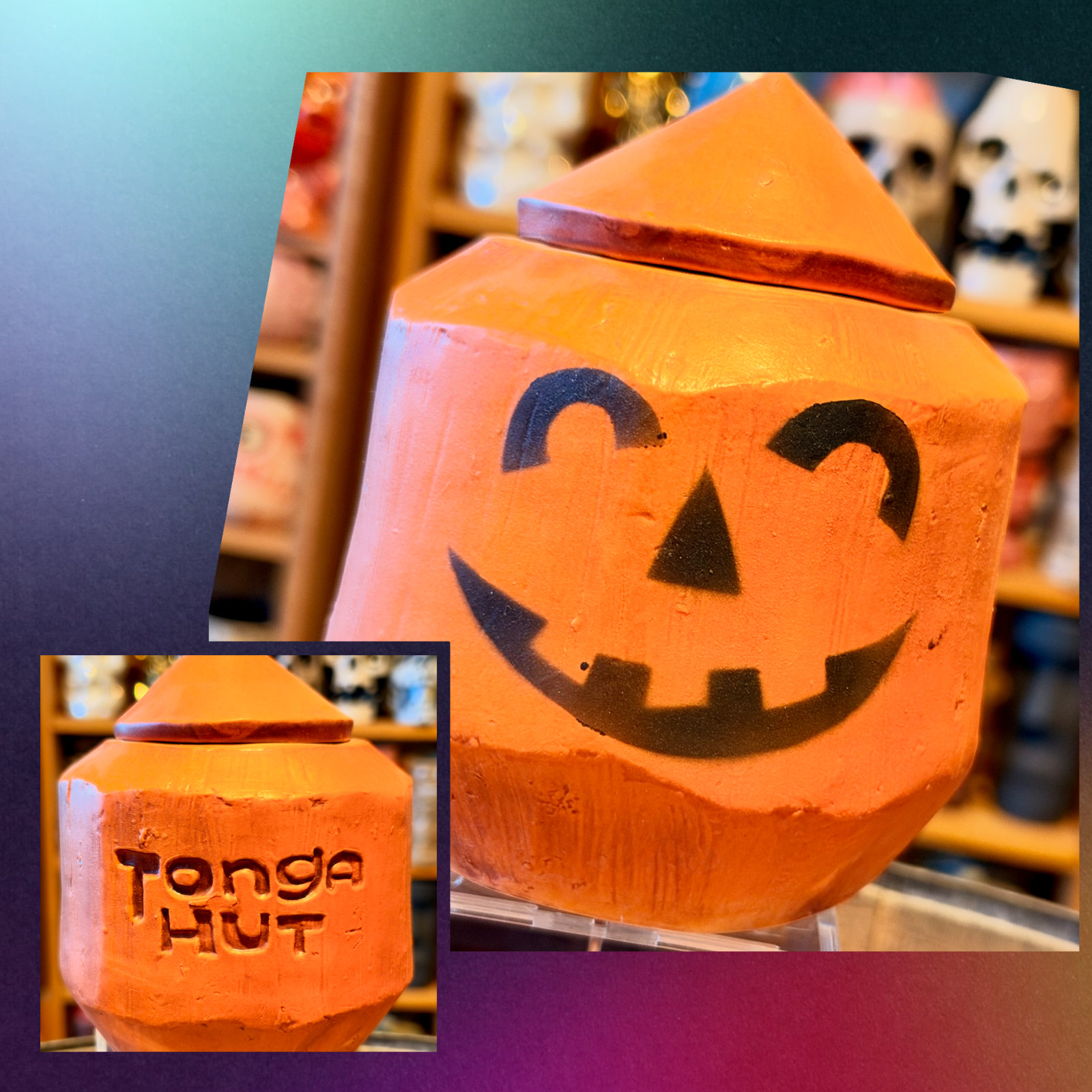 Tonga Hut Halloween Jack-O-Lantern Lidded Coconut Tiki Mug Eekum Bookum #47 Tonga Hut Halloween Jack-O-Lantern Lidded Coconut Tiki Mug Eekum Bookum #47