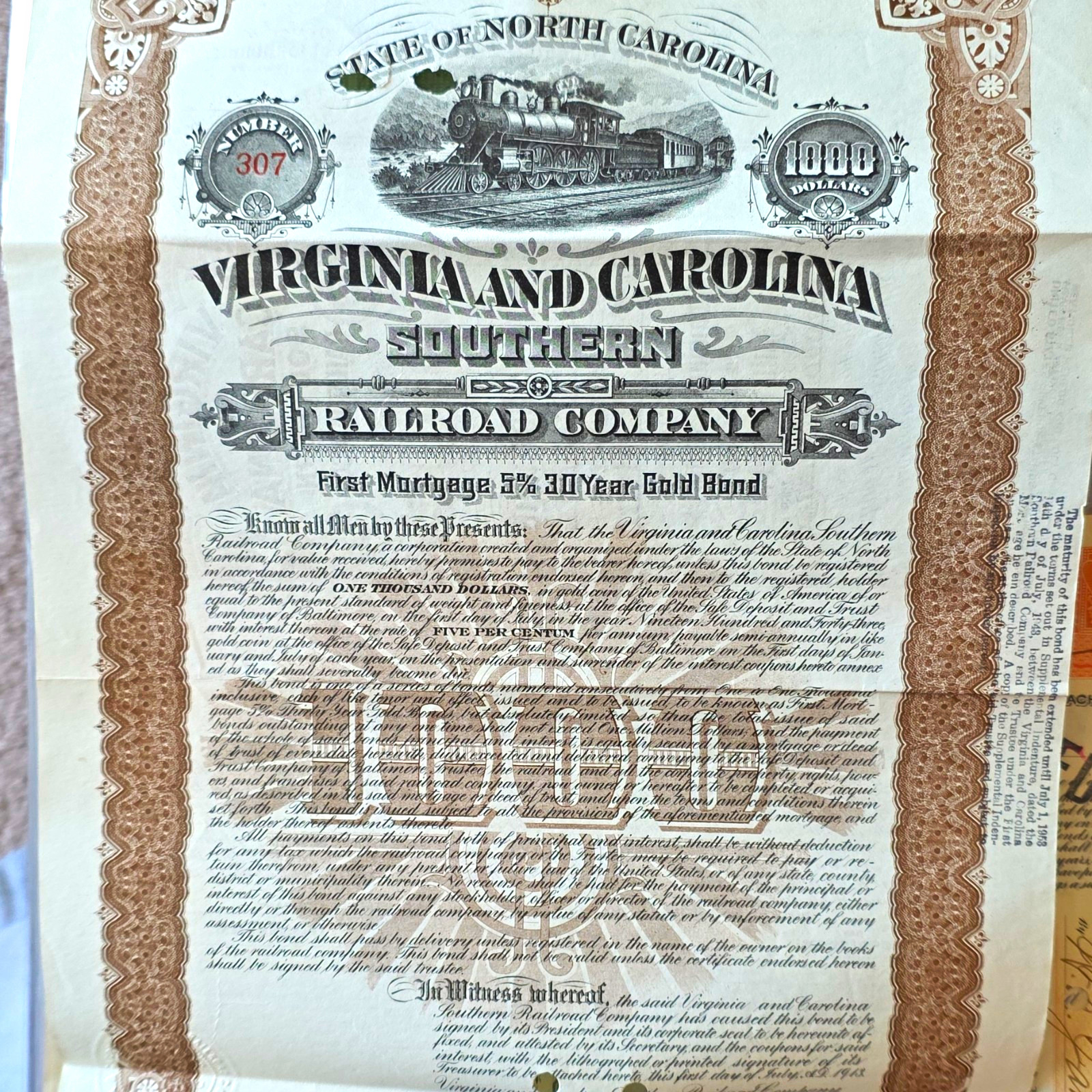 Virginia and Carolina Southern Railroad Company $1000 5% 30 Year Gold Bond 1907