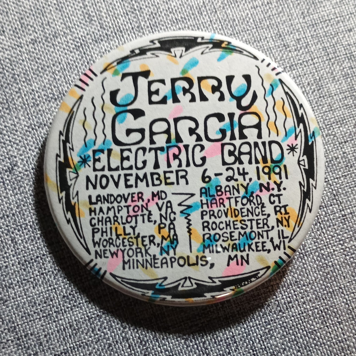 Jerry Garcia Band, 1991 Tour Dates vintage pinback button (Nov 6–24)
