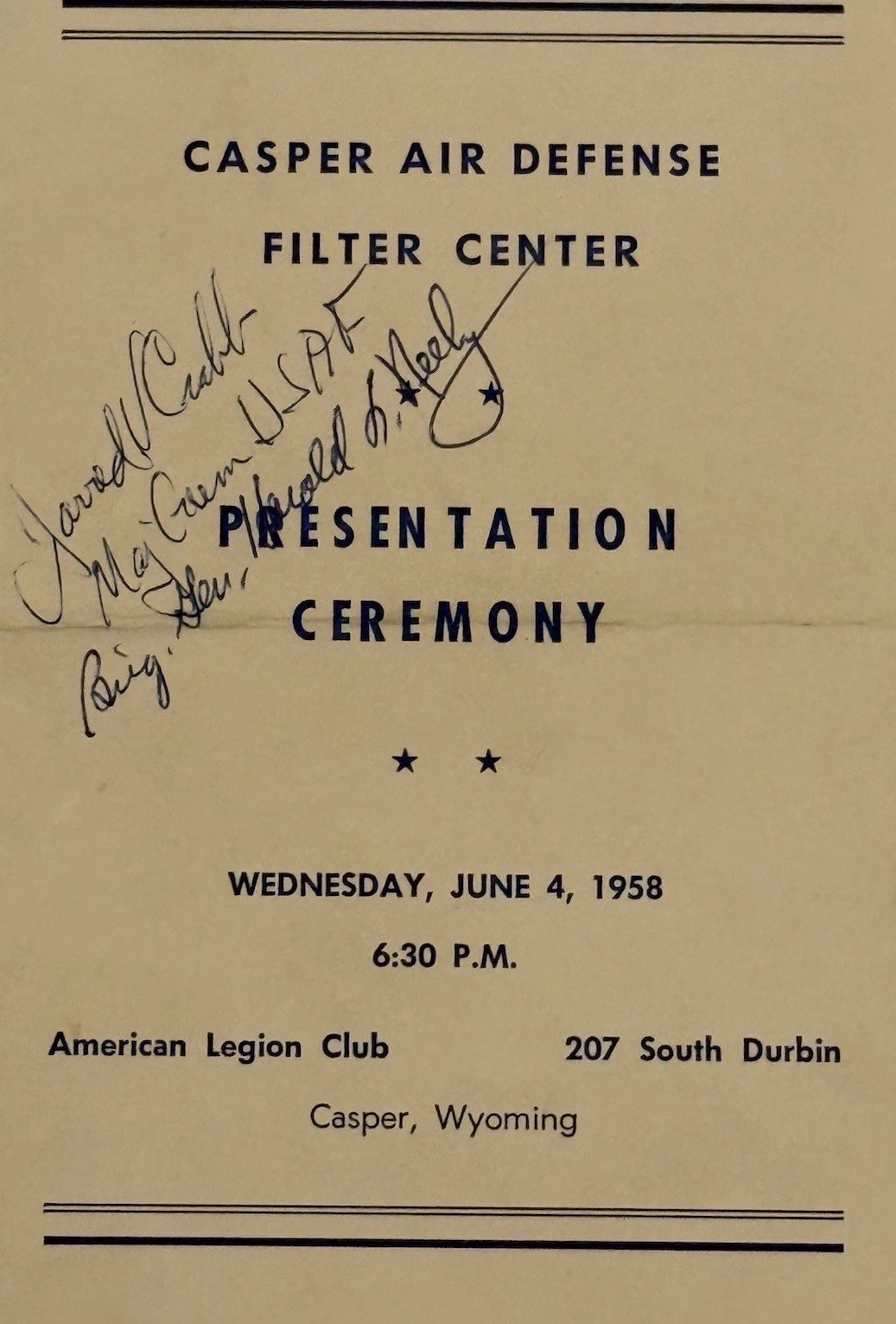 1958 Casper Air Defense Filter Center Signed Generals Crabb Neely USAF Cold War