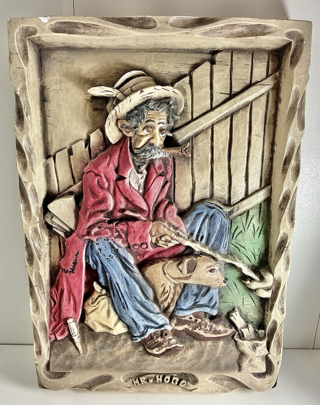 Vintage Chalkware Mr. Hobo and His Dog, 8X12” 3D Wall Hanging, Very Cool. Vintage Chalkware Mr. Hobo and His Dog, 8X12” 3D Wall Hanging, Very Cool.