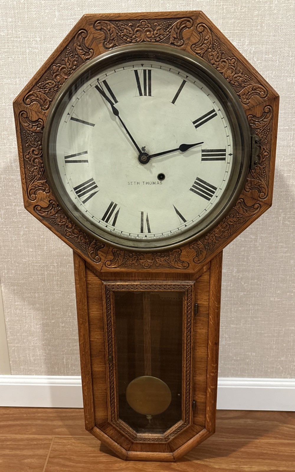 Beautiful Antique Seth Thomas Globe Variant Carved Long Drop Regulator - Runs