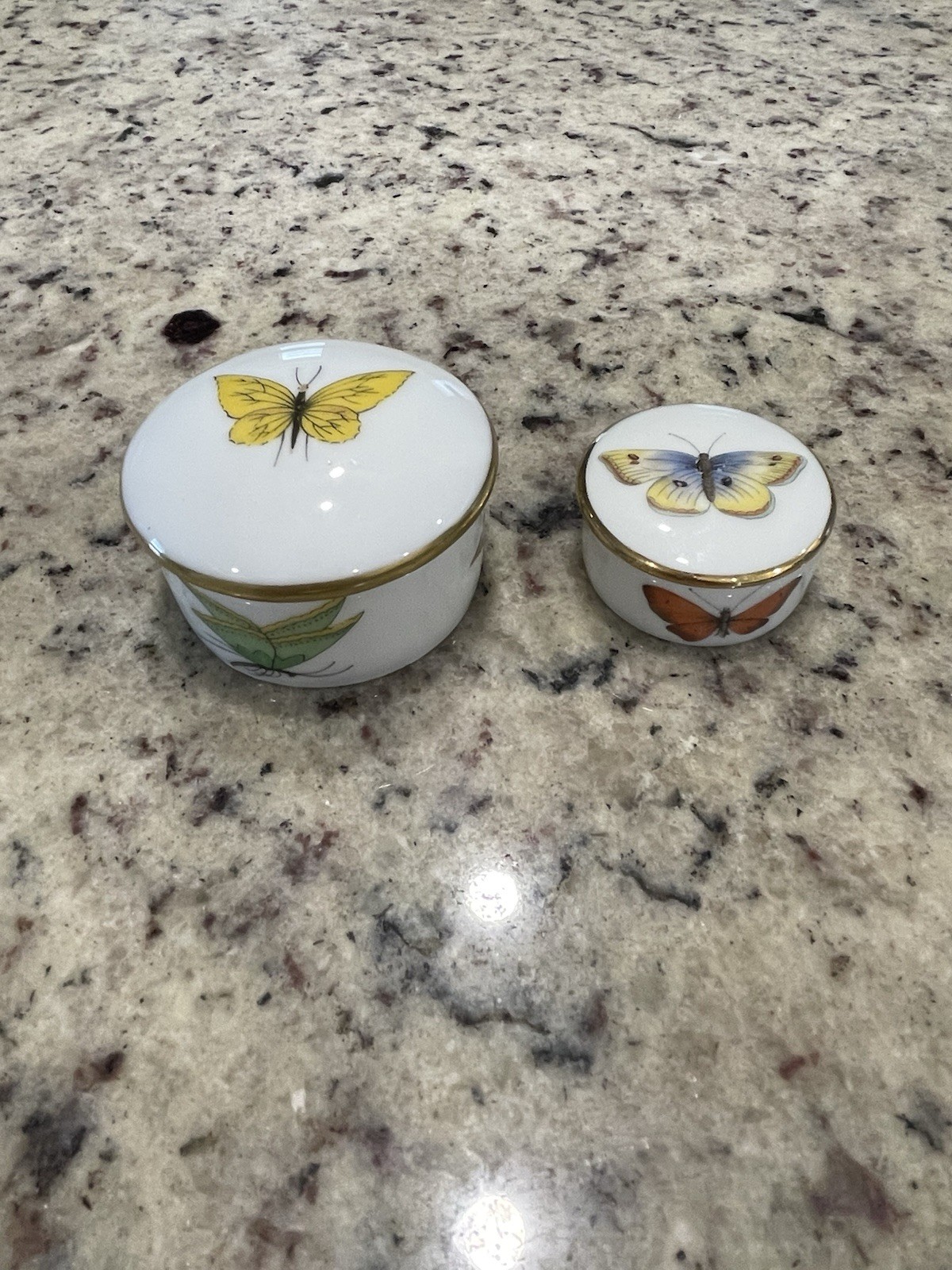 Two Antique Limoges France Round Butterfly Trinket Boxes