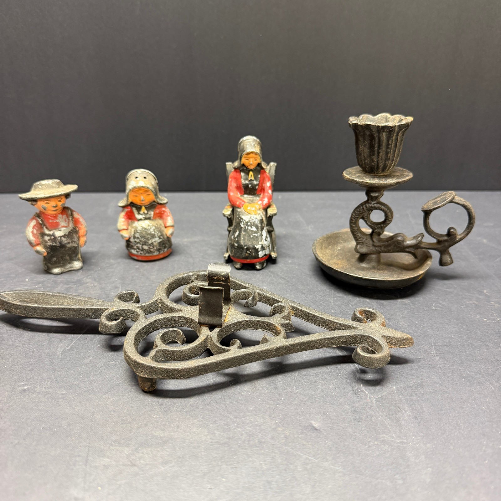 Vintage Cast Iron Miniature Lot Dutch Figures Rocking Chair Trivet Candle Holder