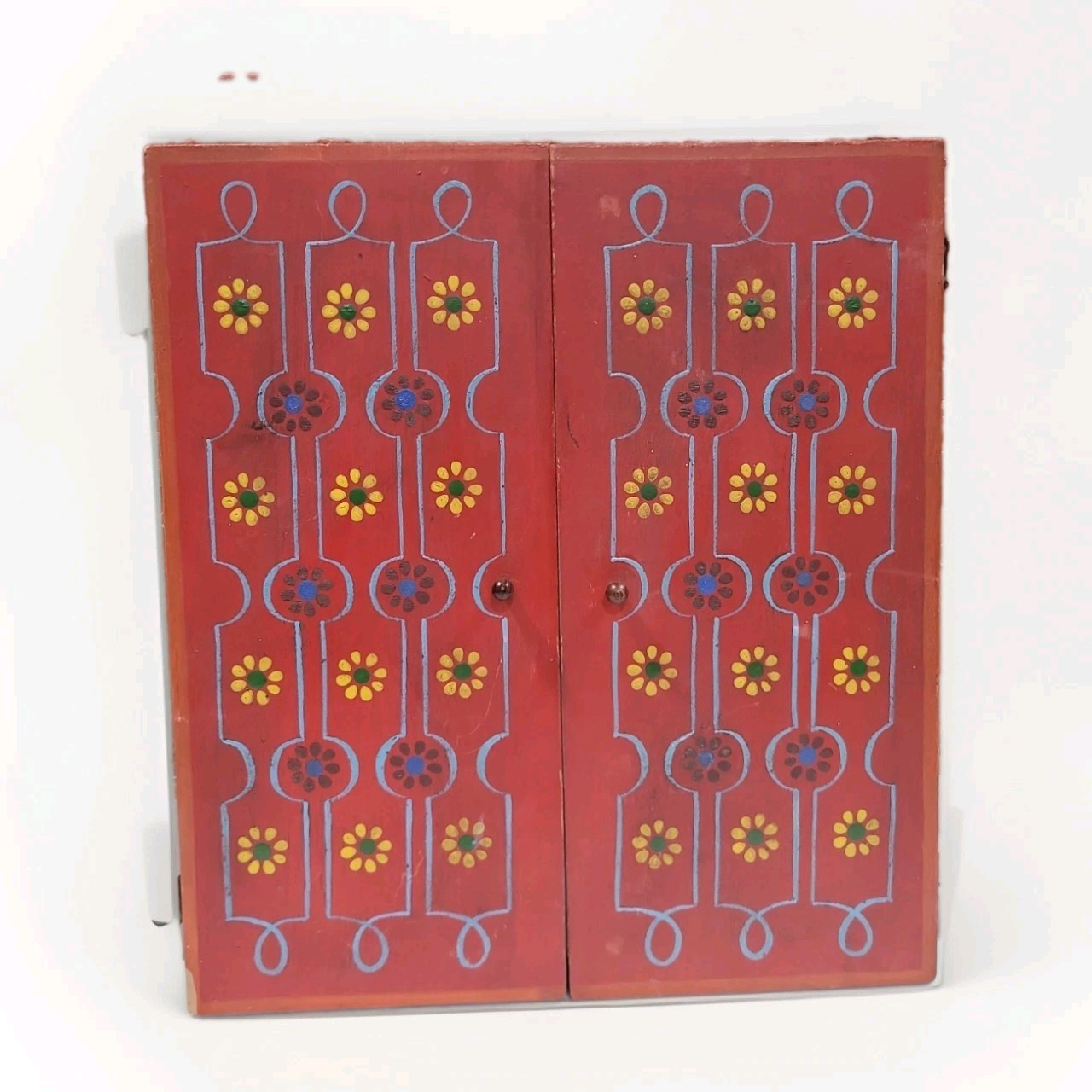 Vintage Wooden Hand Painted Floral Mirror Double Doors  Wall Hanging Folk Art 
