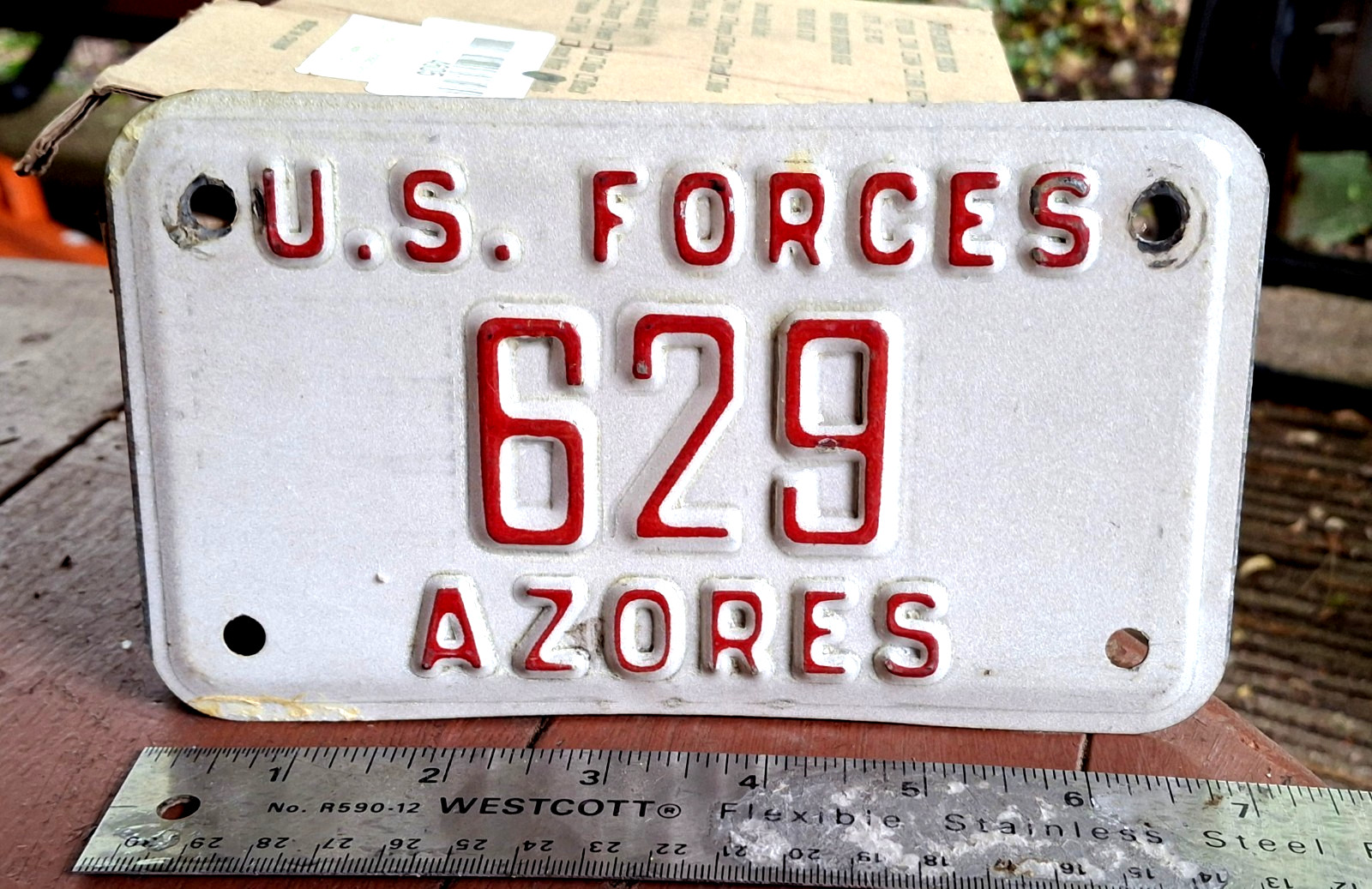 🏍 -  U.S. FORCES in AZORES - 1980s vintage MOTORCYCLE license plate - RARE