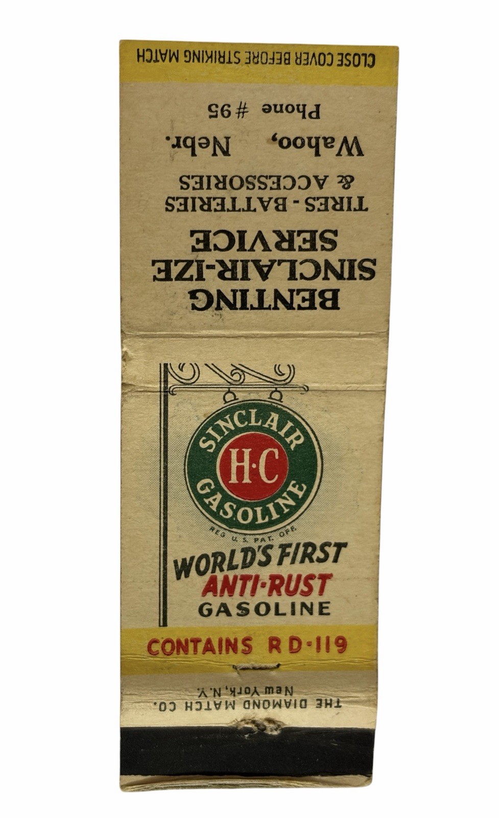 E1 Vtg Advertising Matchbook Cover 20 Sinclair Gasoline Ad Wahoo Nebraska