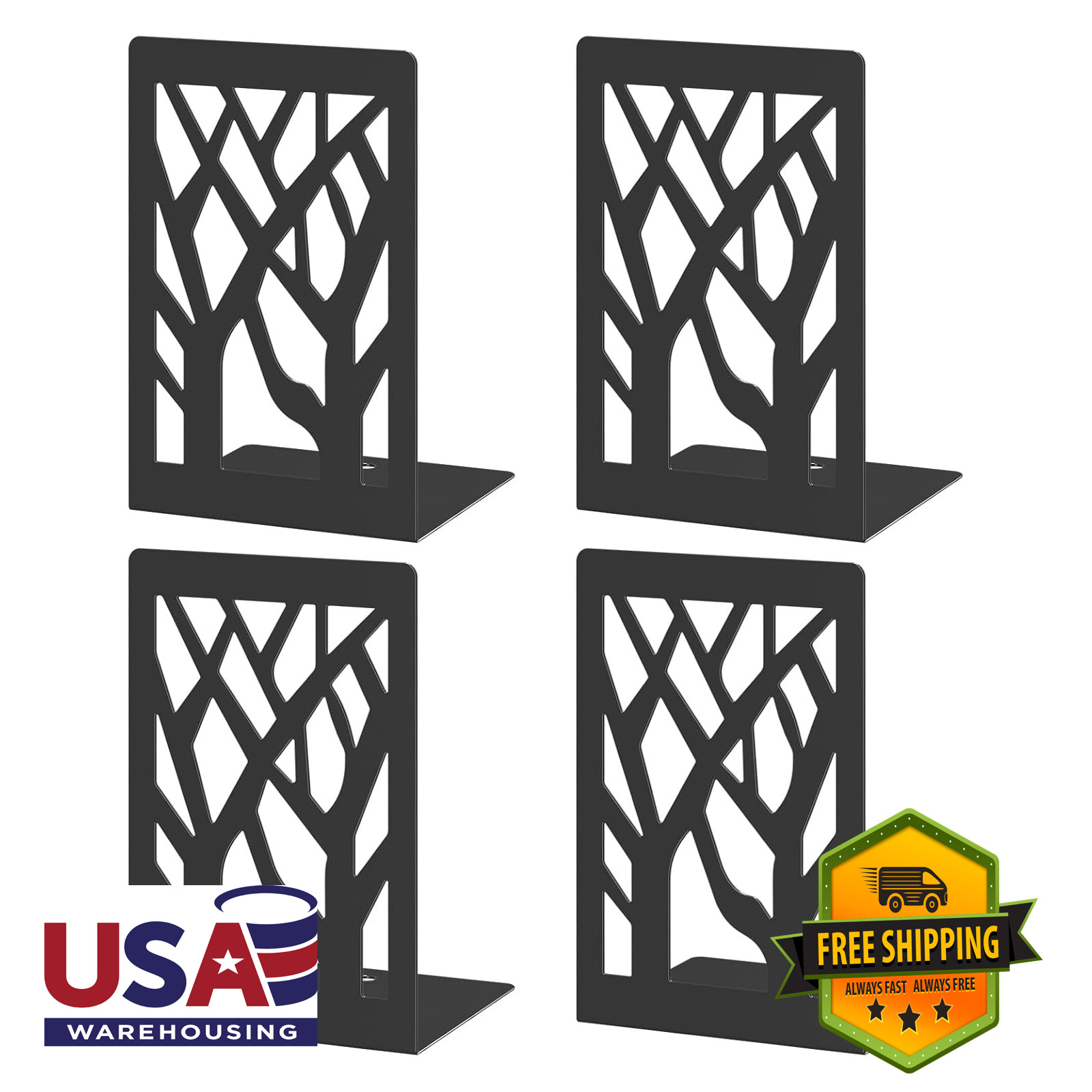 Decorative Bookends Set of 4 Black Metal Tree Style Shelving Organizer Home
