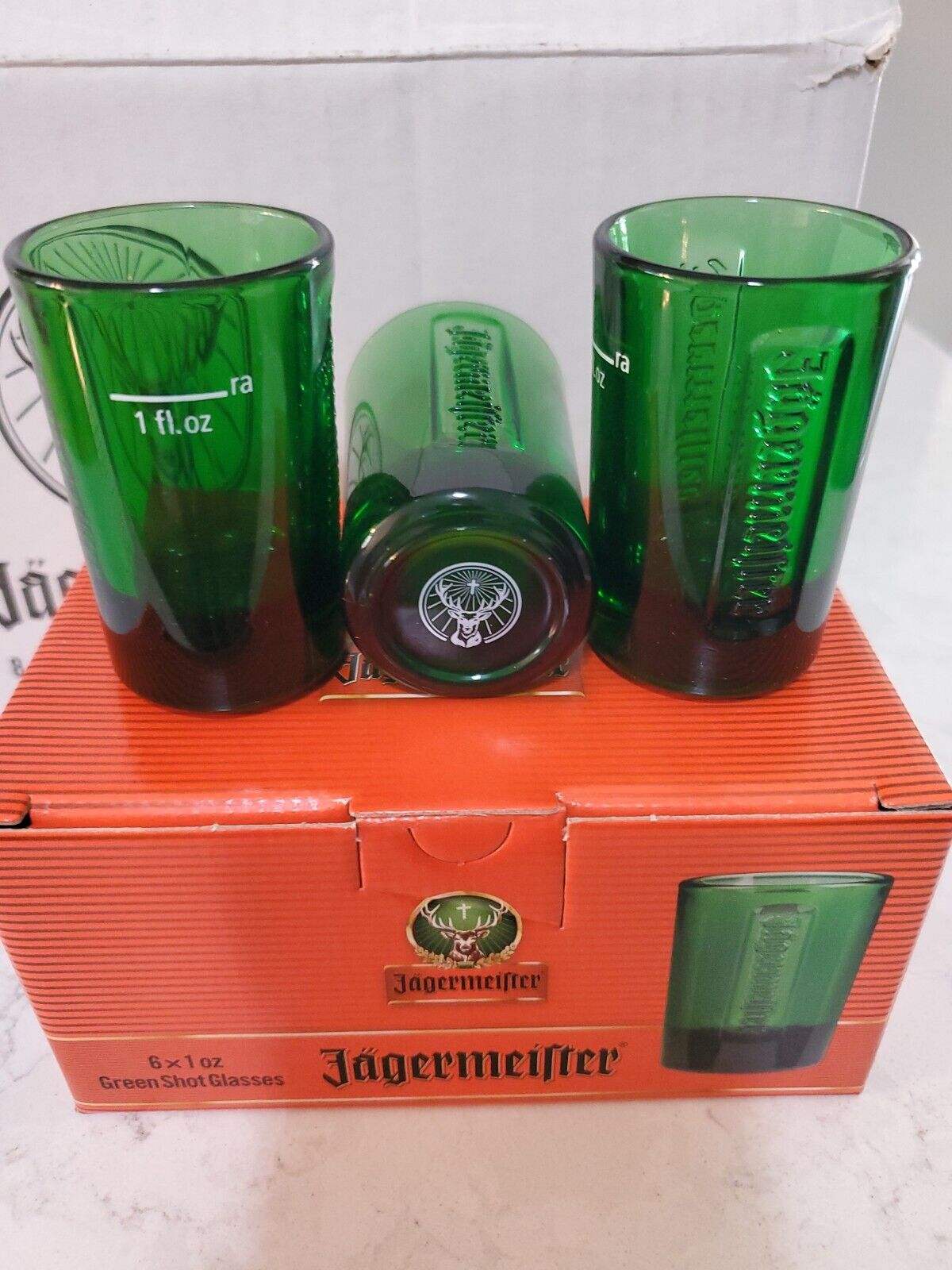 Jagermeister Green Glass Shot Glasses.. Set of 6 With Embossed Logo.. New
