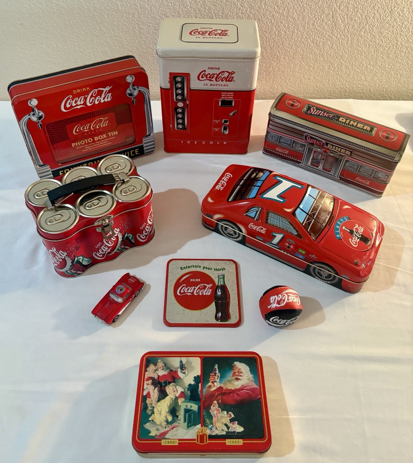 Coca-Cola Vintage lot of 6 MT tins and miscellaneous items. 9 Items Total.
