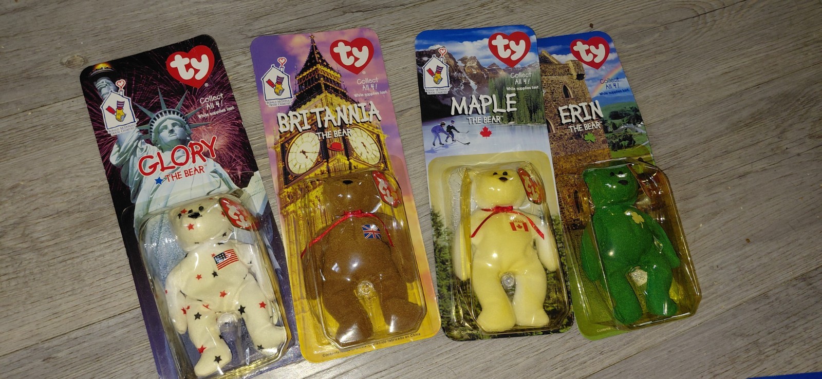 RARE ERRORS McDonalds Ty Beanie Babies Int\'l Bears Maple, Glory, Erin, Britannia