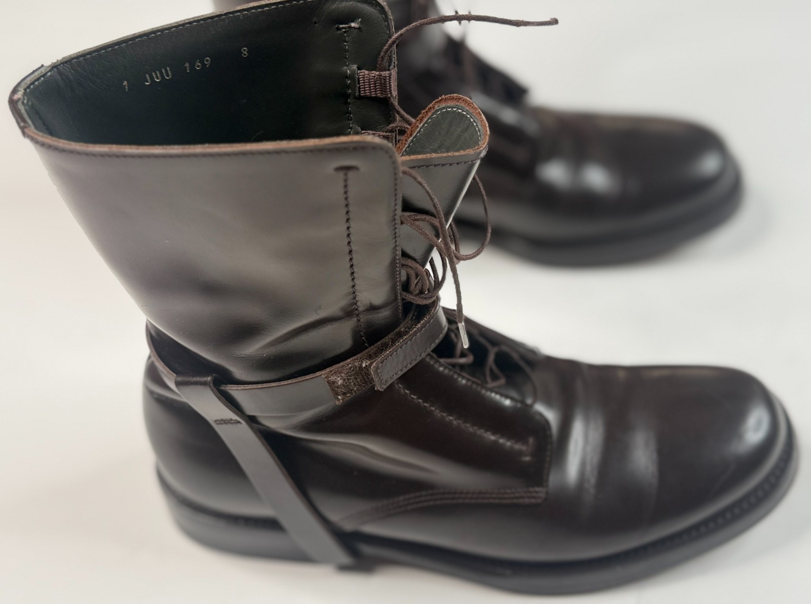 Jil Sander Men\'s Military Ankle Belt Harness Lace Up Brown Leather Boots Size 8