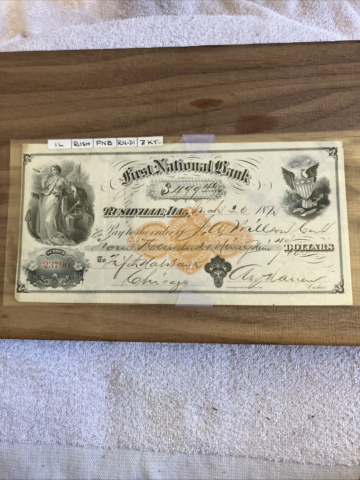Obsolete First National Bank Rushville Illinois Bank Note Check 1872