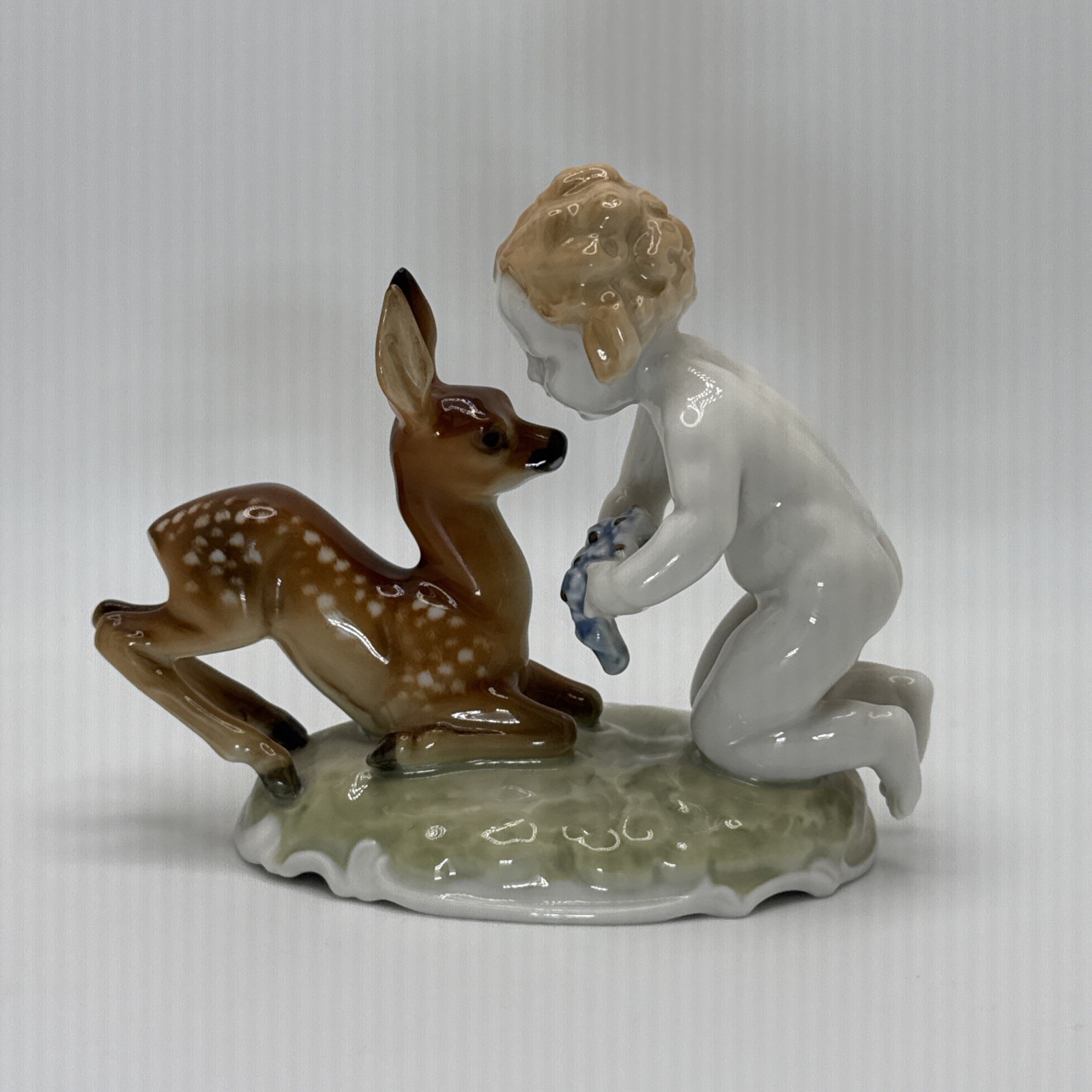 **Rare All Painted** Karl Tutter  Hutschenreuther Child Feeding Deer Fawn
