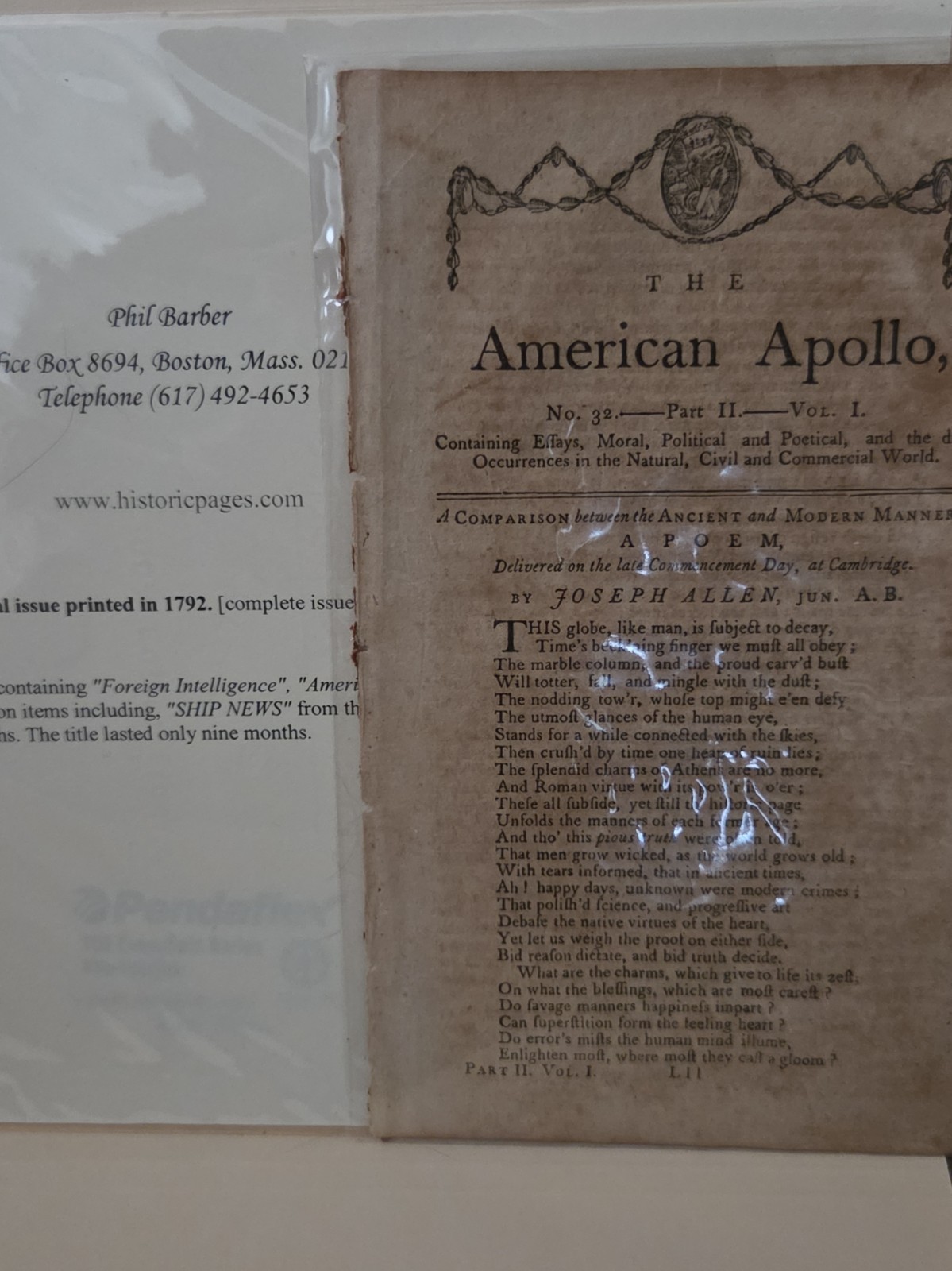 1792 American Apollo Boston Newspaper Vol 1 No 11 Belknap Young Phil Barber COA 