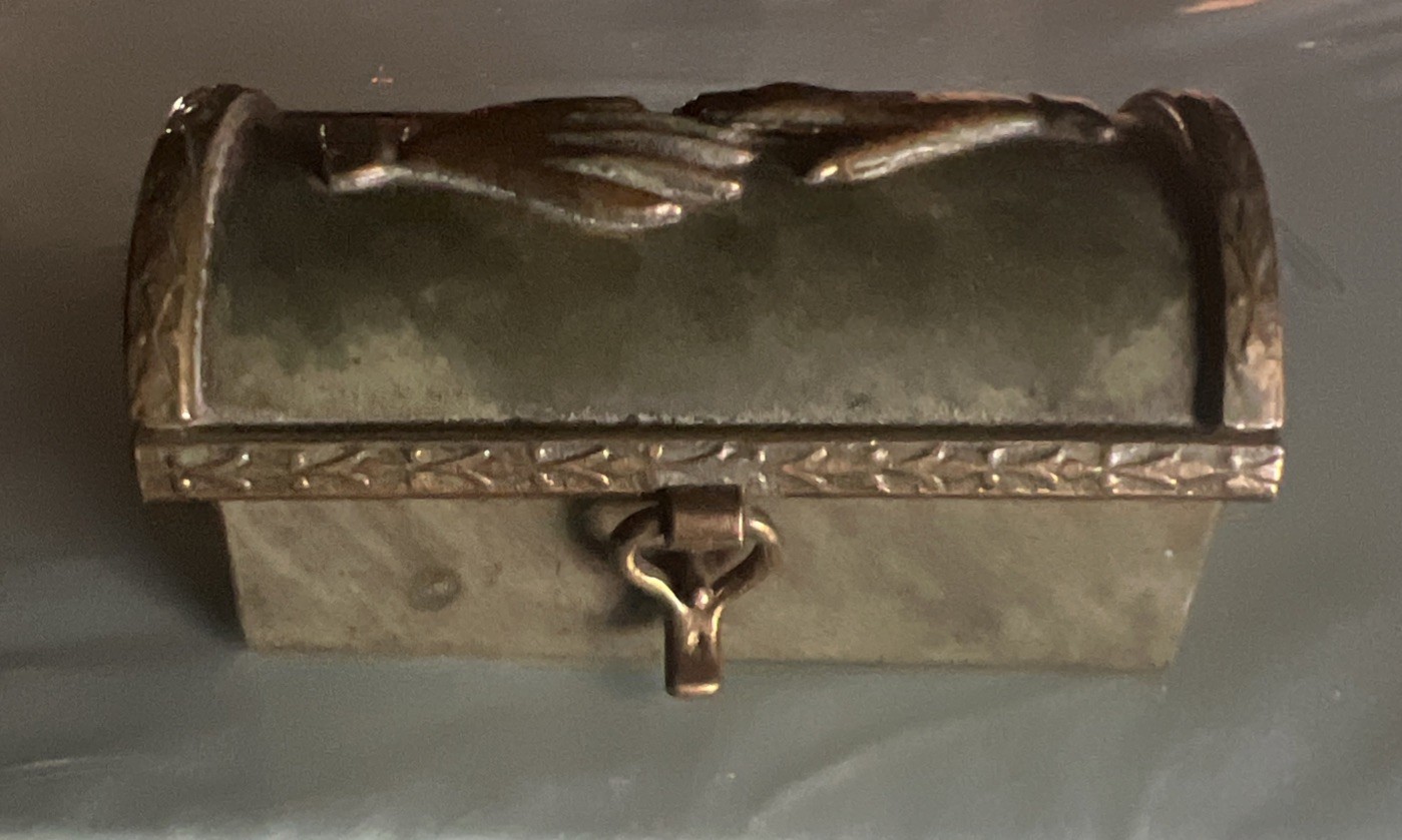 Antique miniature Zavala signed, bronze trinket box (reaching hands) 2.25 inches