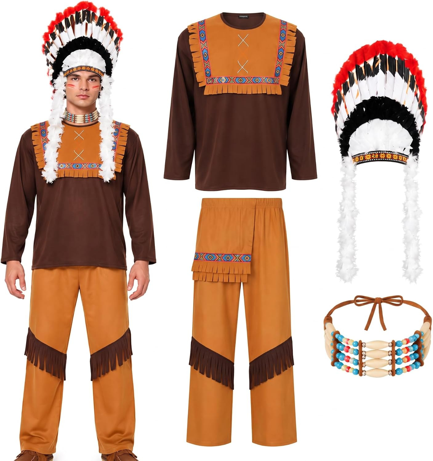4 Pcs Men American Costume Indian Costume Include Headdress Choker Necklace