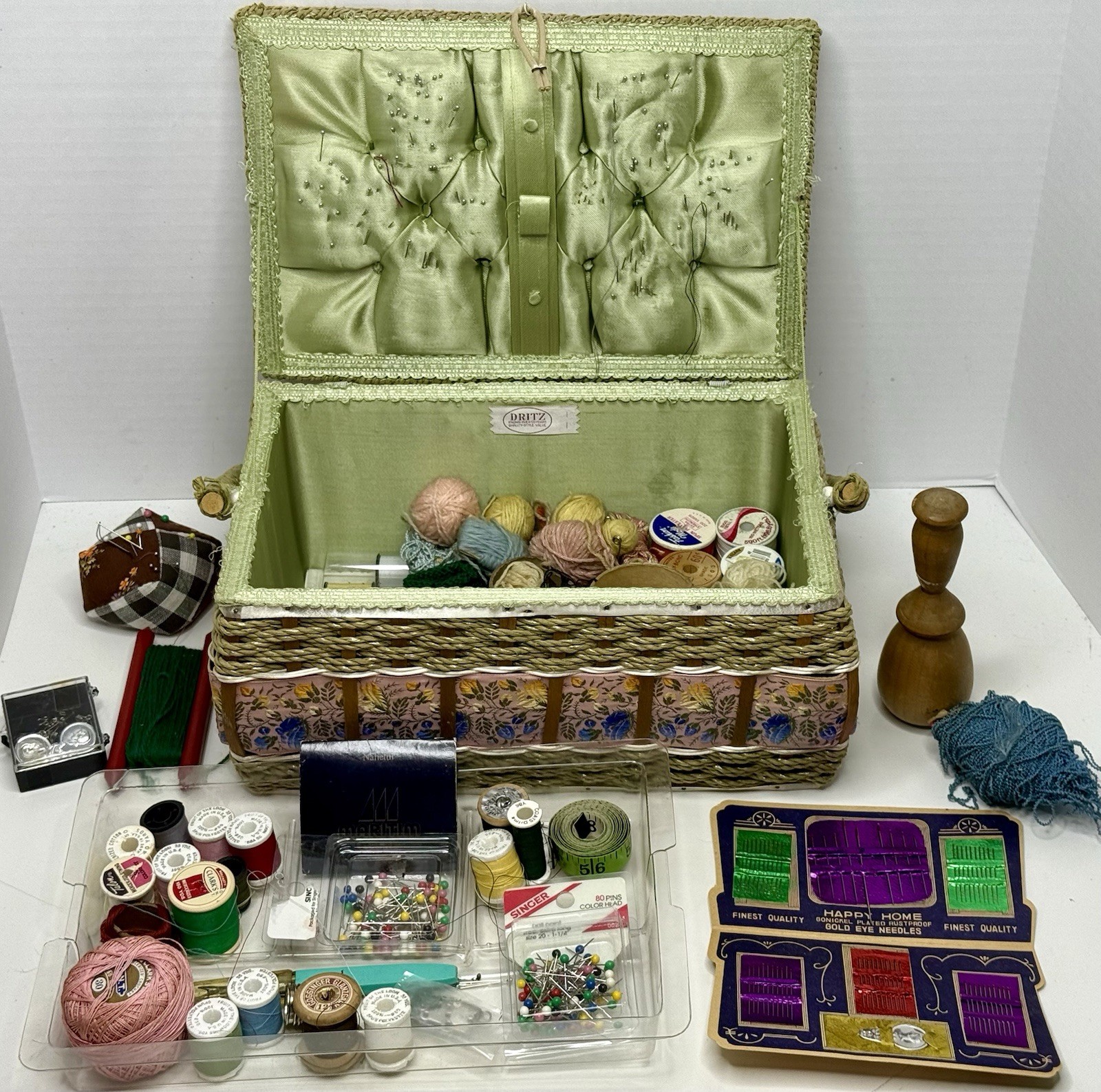 Vintage Dritz Woven Sewing Basket Full Mixed Lot Sewing Supplies W/ Darning Egg
