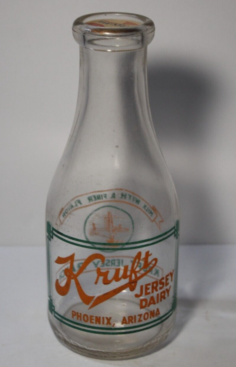 WWII 1940s Vintage Kruft Jersey Dairy Phoenix Arizona MILK BOTTLE Rare Pyroglaze