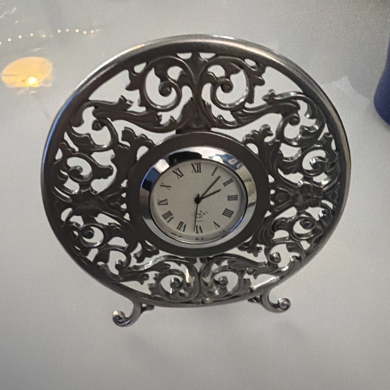Vtg Lenox Kirk Steiff Floral Design Signed Pewter 4” Desk Clock, Works Great.