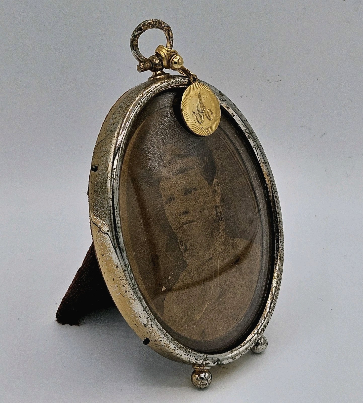 Antique Victorian 24k Plated Convex Frame Mourning Style Woman Portrait Photo