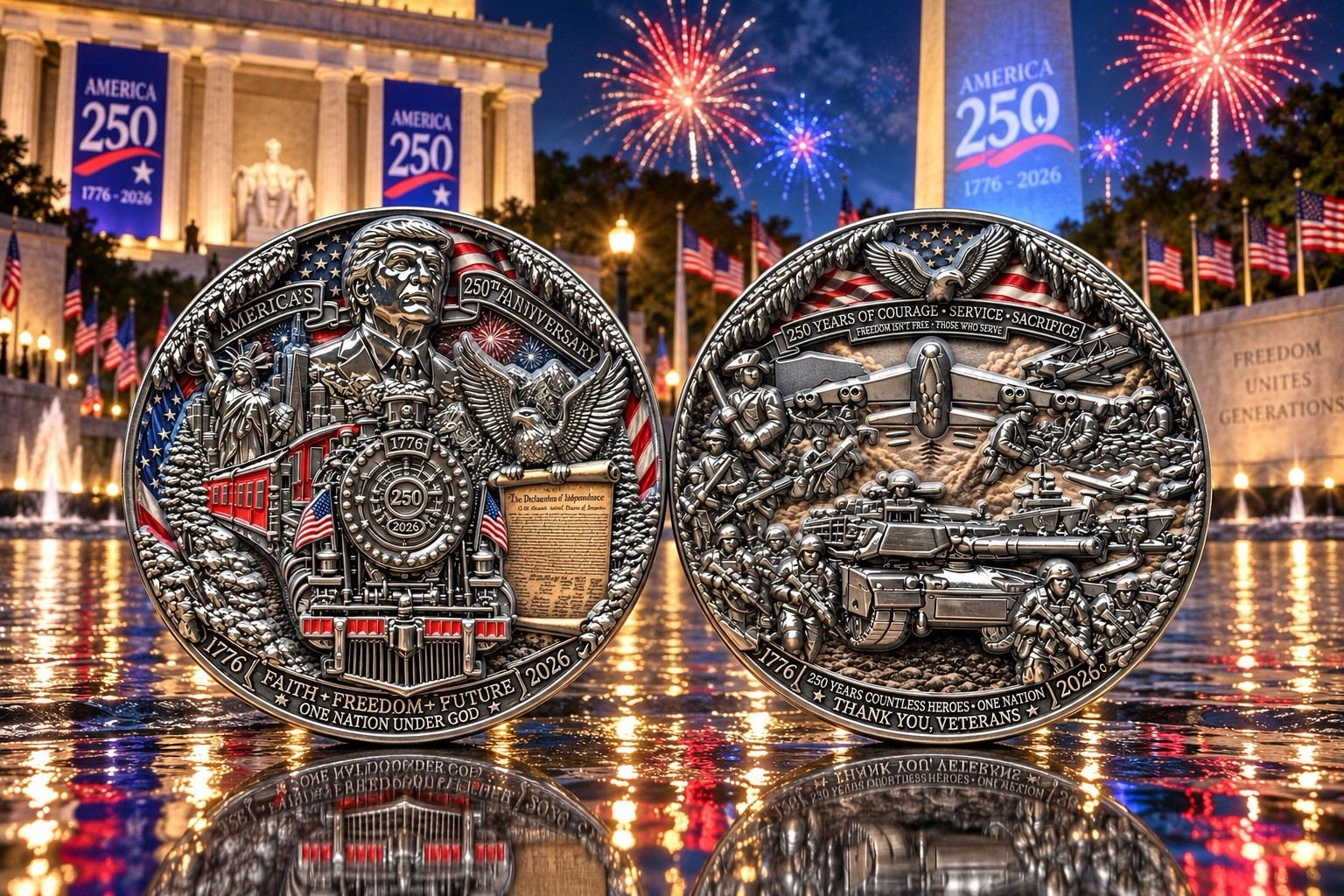President Trump 250th Anniversary Of Freedom Veterans Coins. 3” Heavy