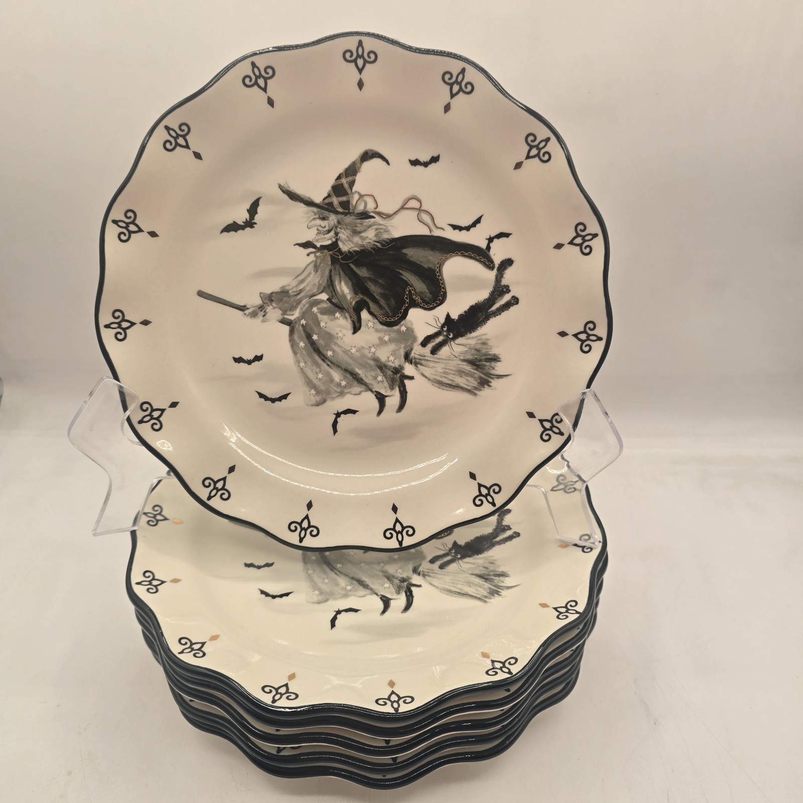 Potter's Studio Flying Witch With Black Cat Salad Plates Set 6 Halloween Scallop