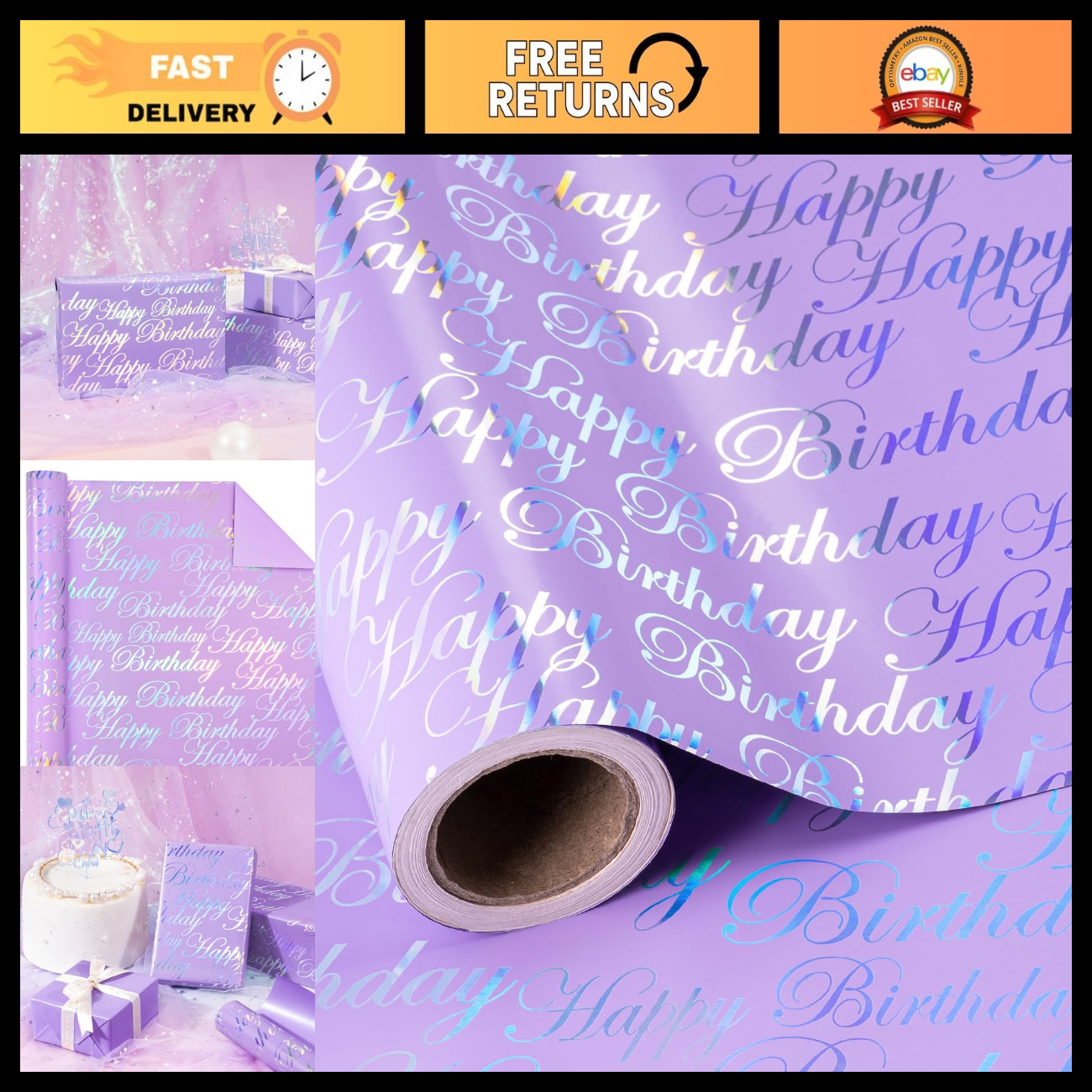 WRAPAHOLIC 30 Inch Reversible Birthday Wrapping Paper - 30 Inch x 33 Feet - Pupr