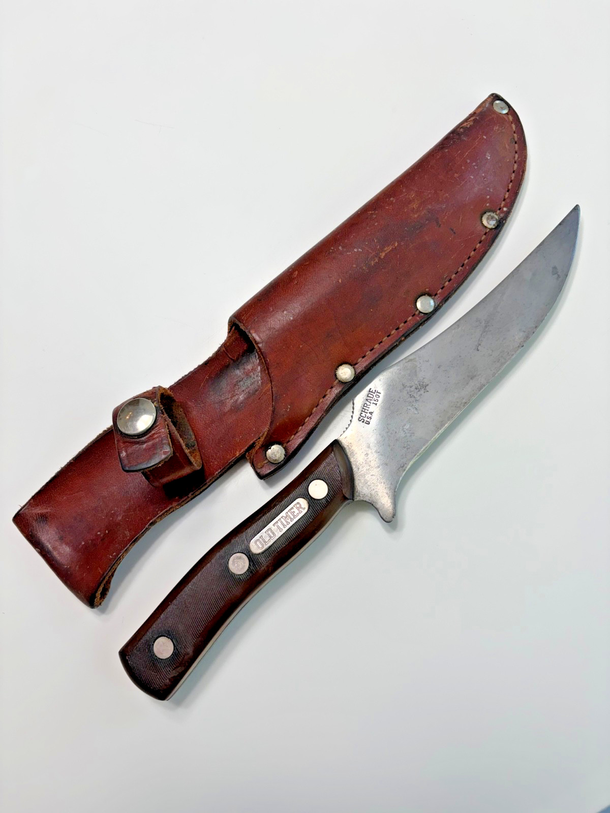 Vintage Schrade Old Timer 150T Fixed Blade Hunting Knife USA w/ Leather Sheath