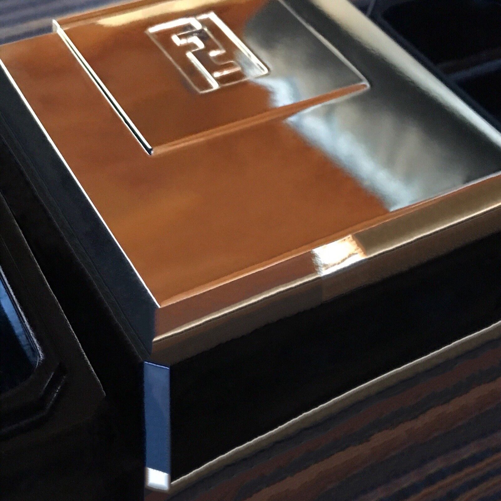FENDI Authentic Solid Black Glass 3 Tier Stack Box Gold Tone Cover Jewelry Case