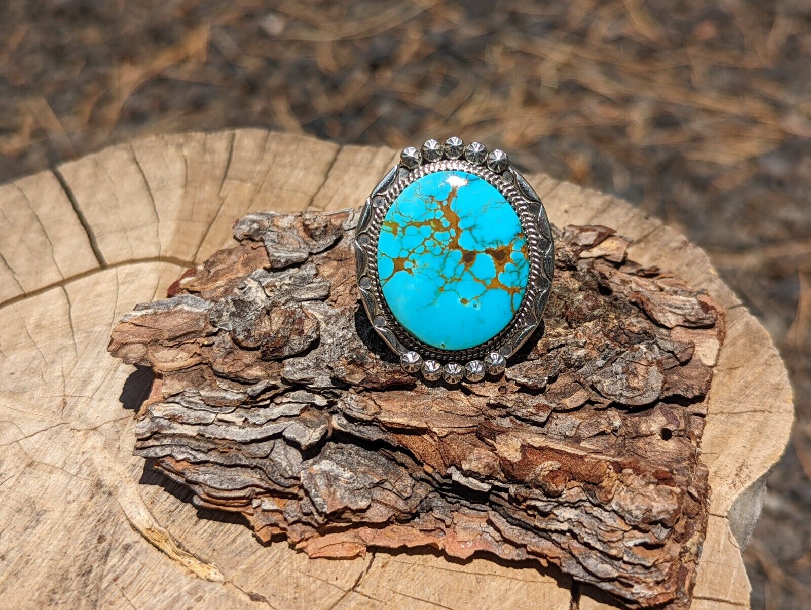 Navajo Women's Ring Mountain Turquoise Signed Yazzie SouthWestArtisan sz 8.25US