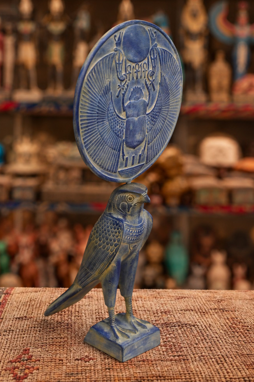 Blue Statue of Horus god Falcon Bird Statue with Sun Disc And Scarab on it