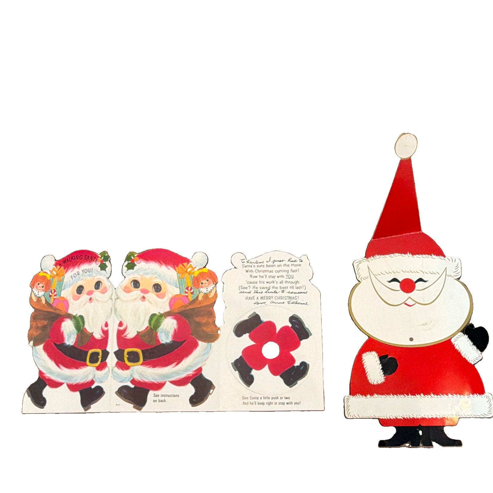 Vintage 1970s Christmas Santa Claus Lot Jointed 15” Decor & Walking Novelty Card