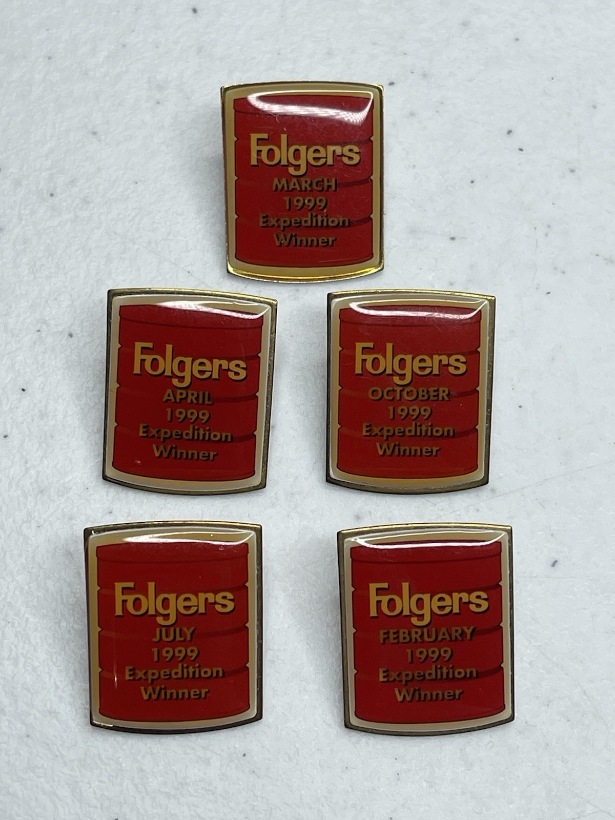 Vintage 1999 Folgers Coffee Pin Expedition Winner Award Lapel Red Gold Lot Of 5 Vintage 1999 Folgers Coffee Pin Expedition Winner Award Lapel Red Gold Lot Of 5