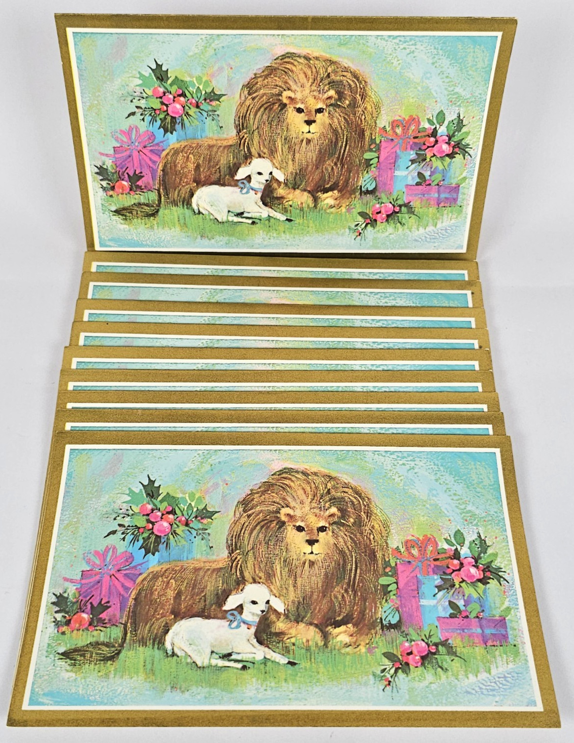 10 RARE Vtg Kaycrest Cotillion LION & LAMB Christmas Cards UNUSED Pink Aqua NOS