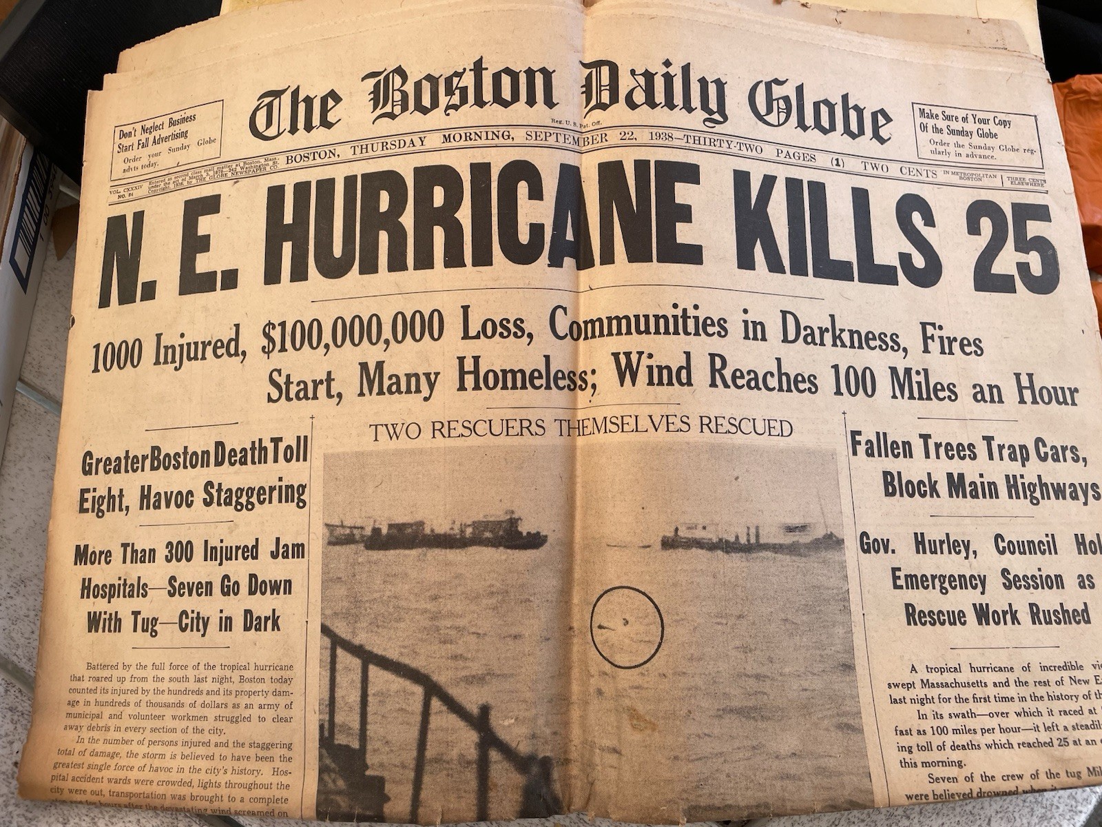 The Boston Globe newspaper September 22, 1938 Great Hurricane