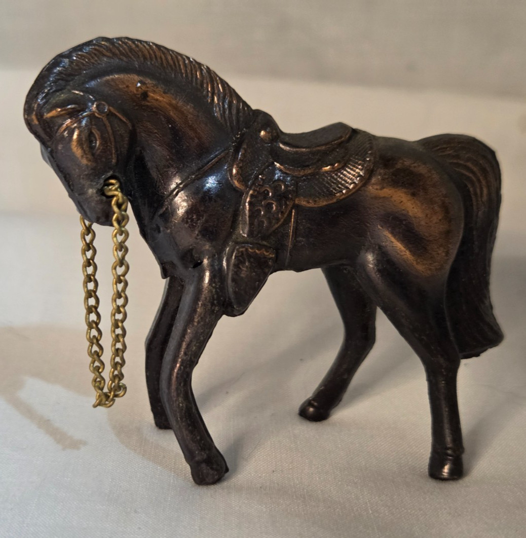 Vintage Miniature Cast Pot Metal Western Horse Figurine Bridle Chain Japan 2.5\