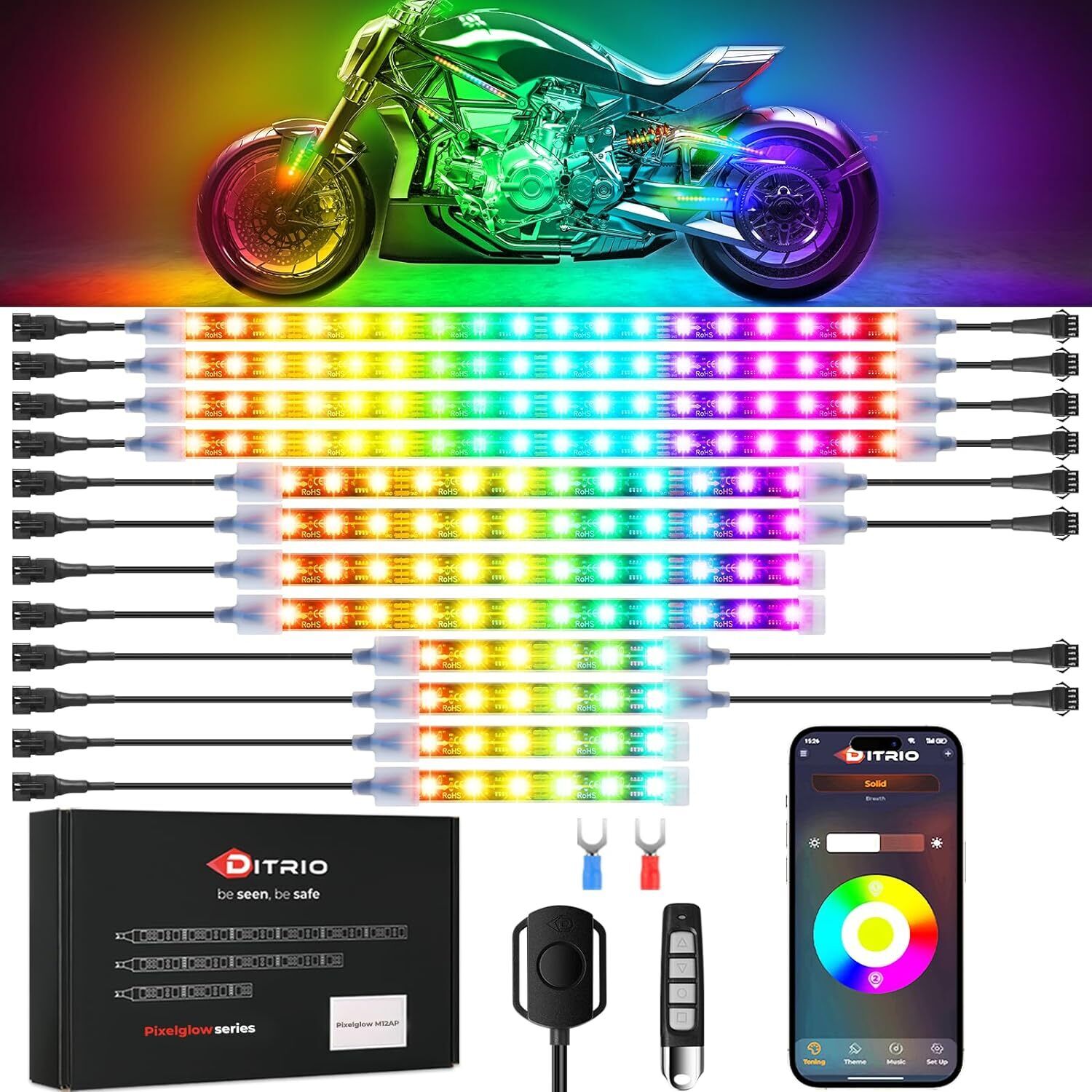 12pcs Underglow LED Strip Light Kit with APP Control, Dual Zone, BrakeTurnSignal
