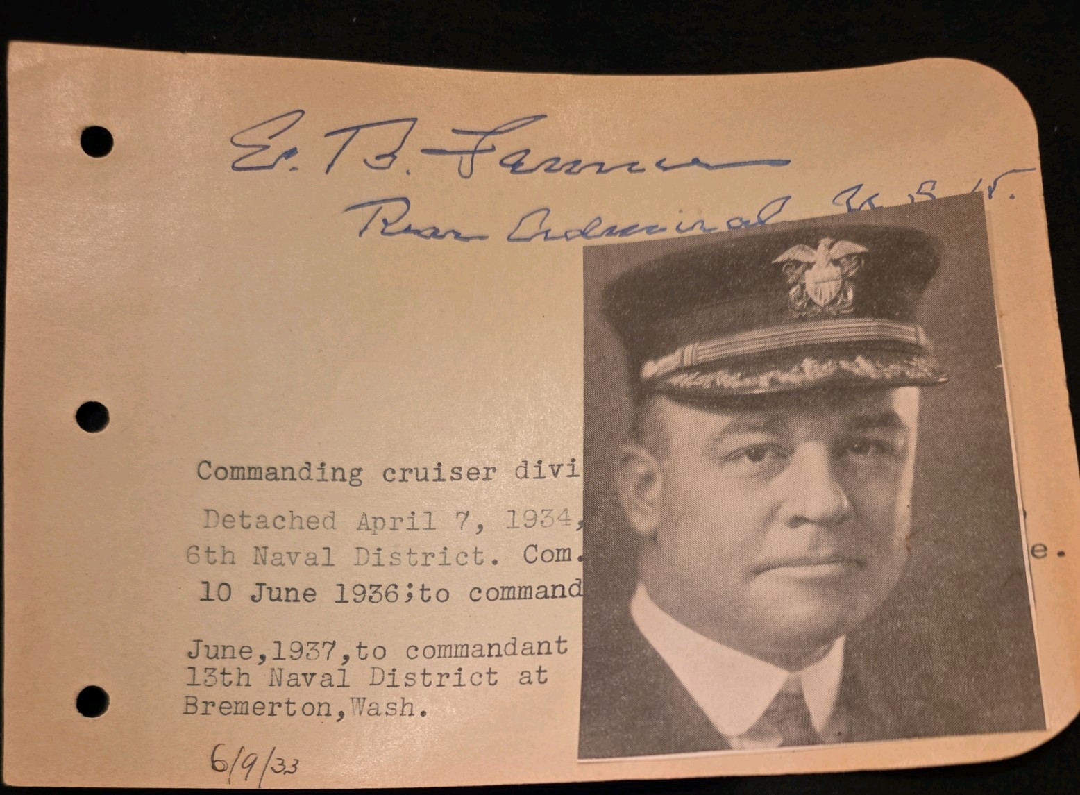 AUTOGRAPH --Rear Admiral  Edward Blaine Fenner 