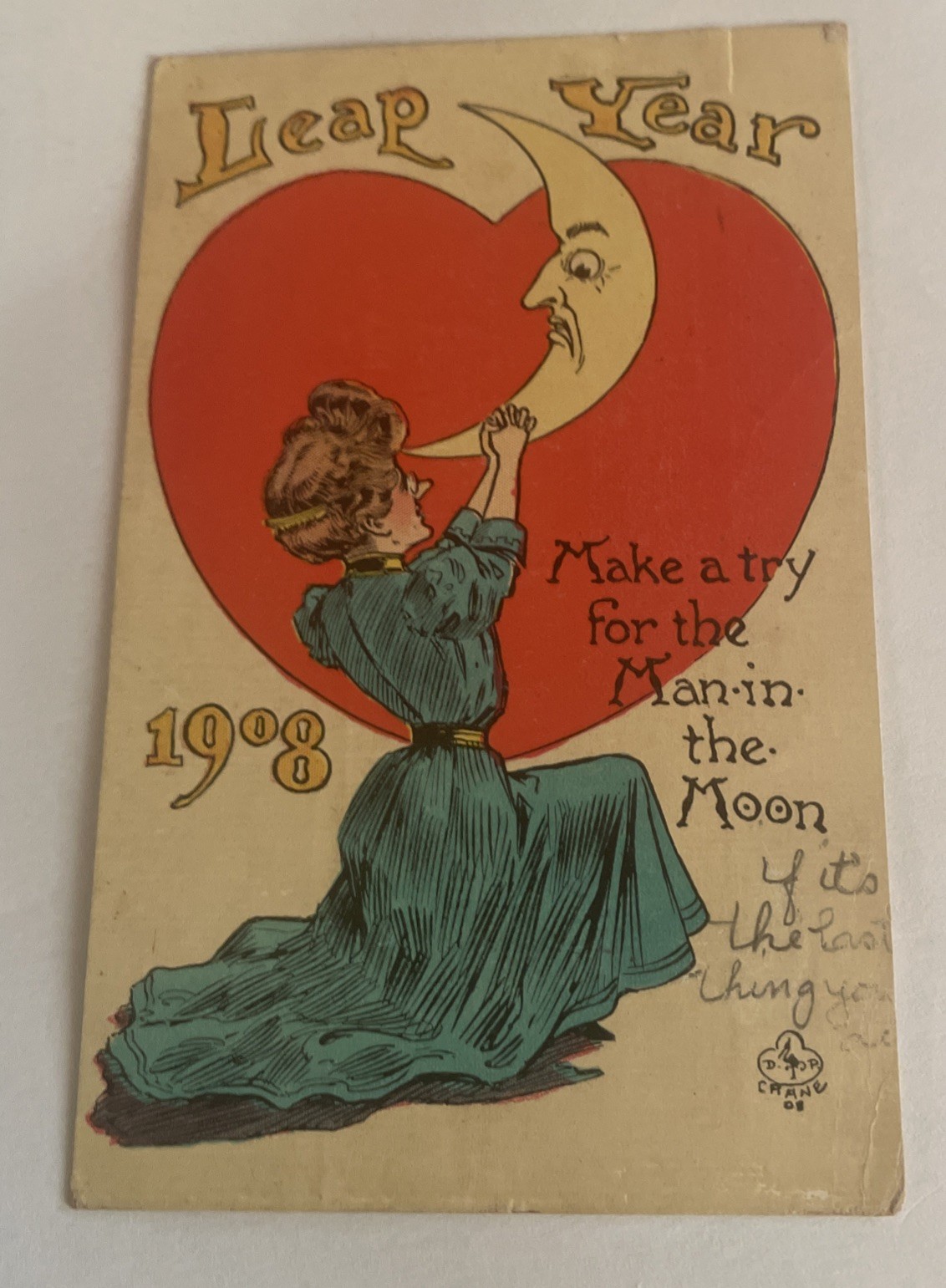 Antique Leap Year Postcard ,Edwardian Woman Kneeling To The Man In Moon c.1908
