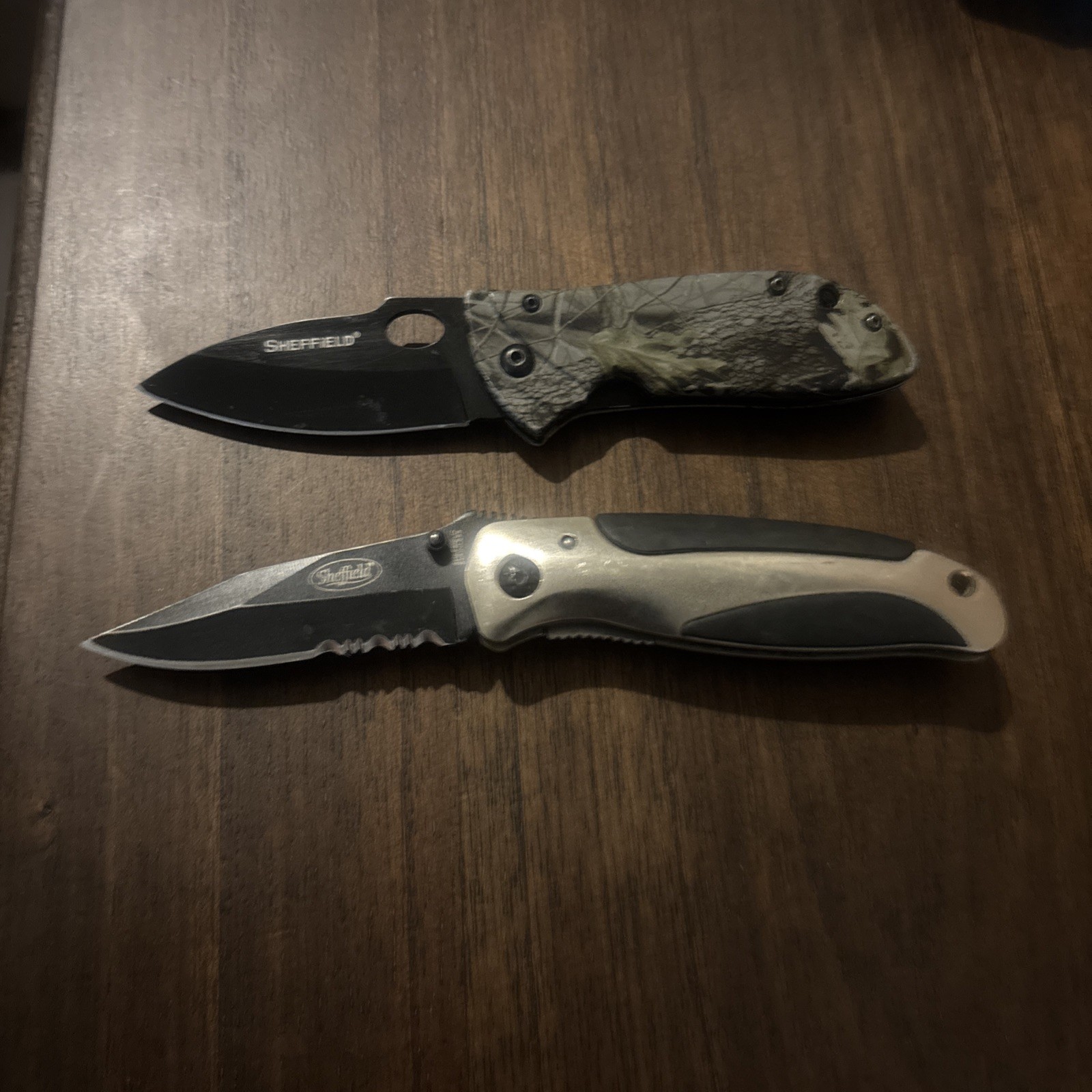 Two pocket knives one Sheffield 18055 Superior & one camouflage good condition