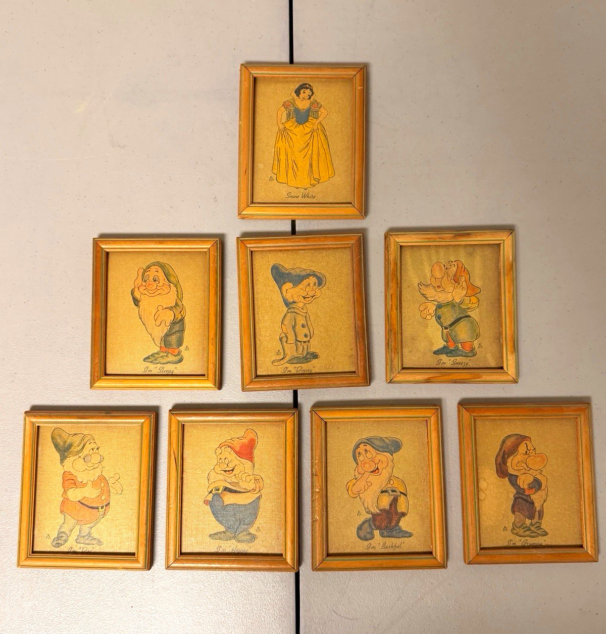 1938 Disney Snow White Seven Dwarfs Complete 8 Framed Prints W.D. Ent Vintage
