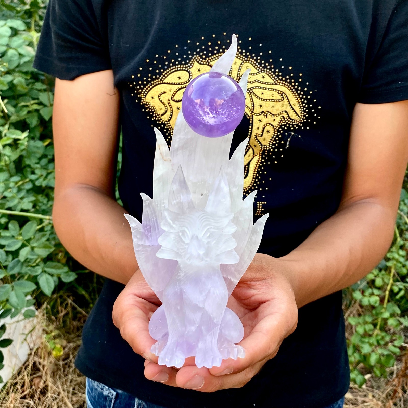 1.3LB  Natural Brazilian Amethyst Hand Carved Nine‑Tailed Fox Crystal Figurine