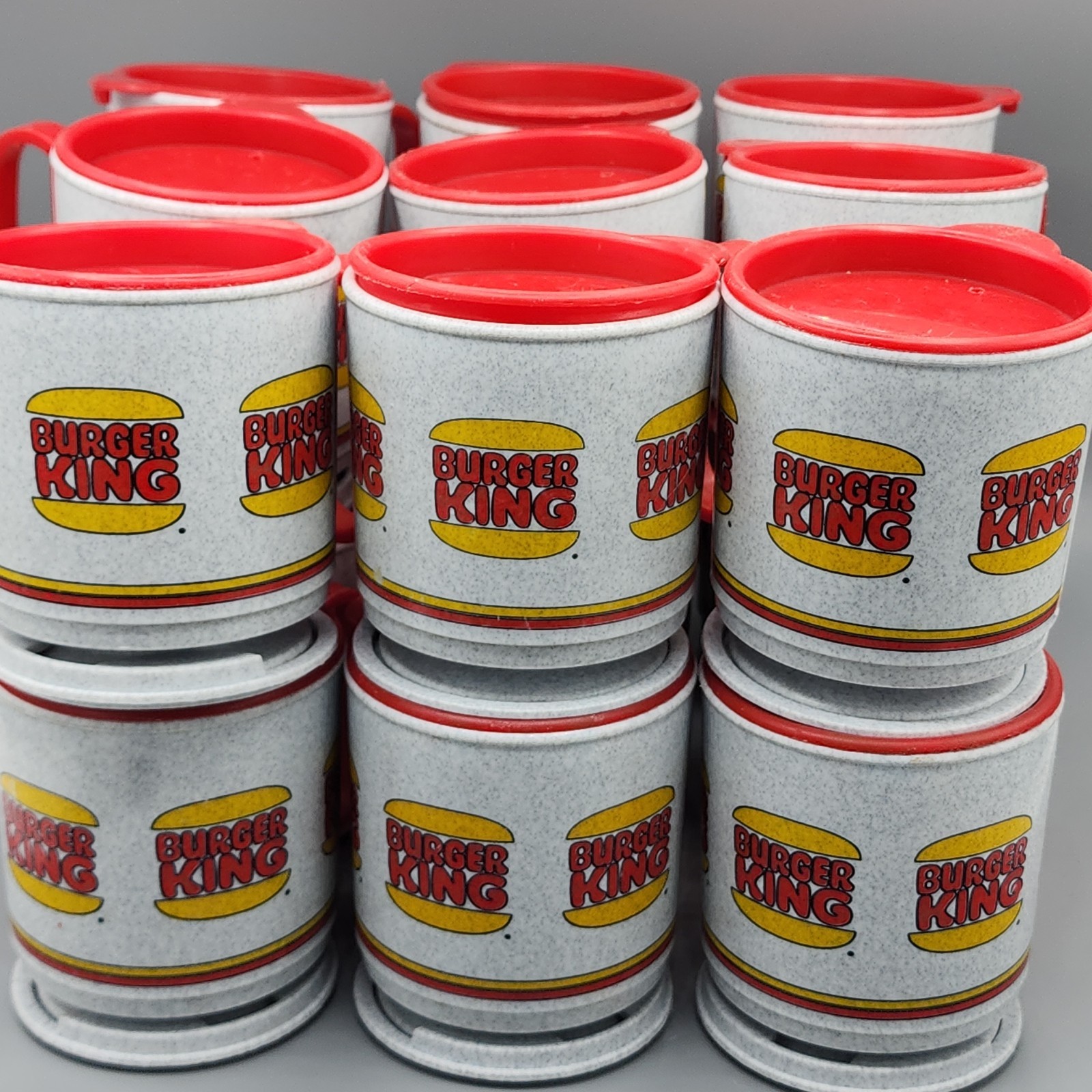 Vintage 80s Burger King Plastic Travel Coffee Mug Lot of 18 with Lids & Saucers