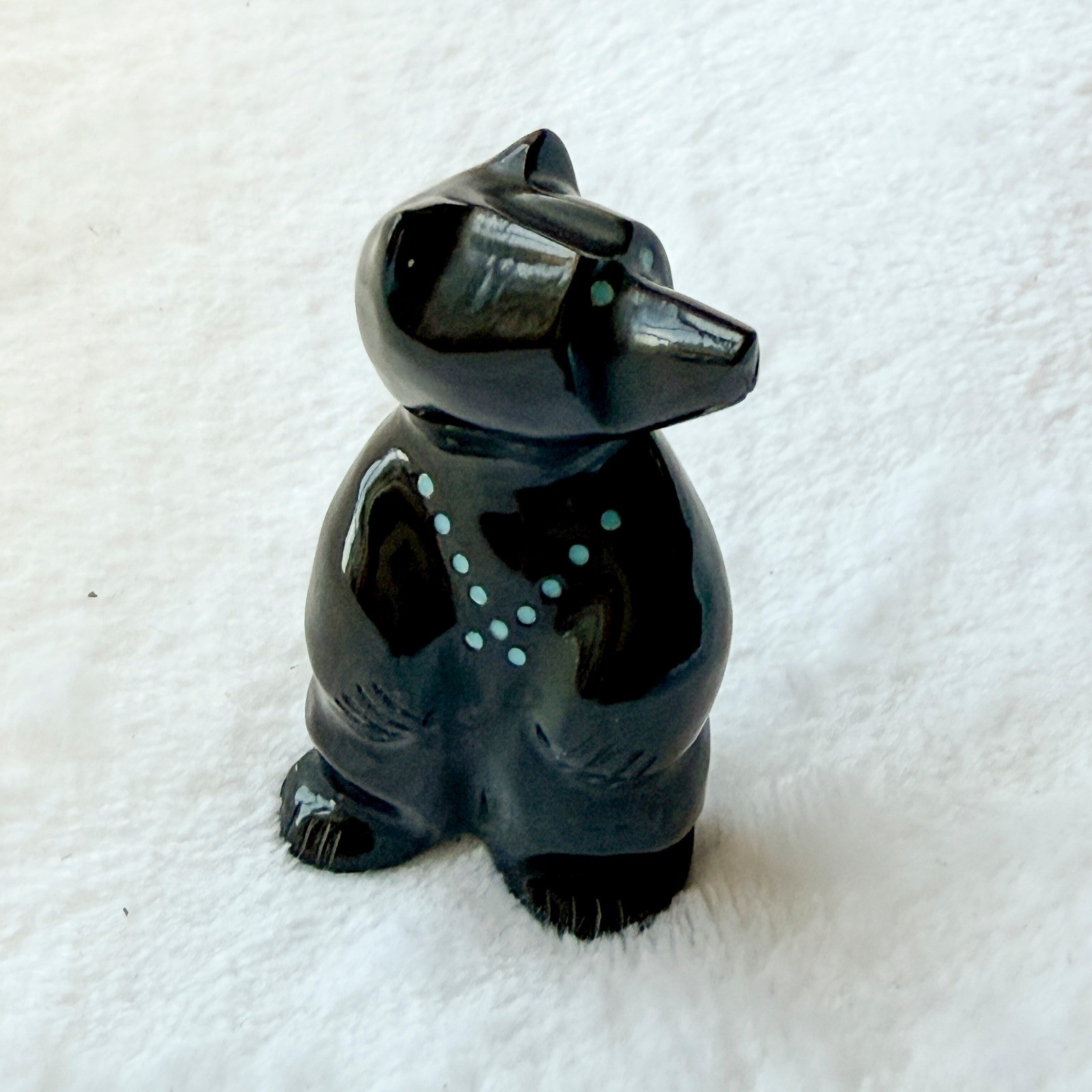 Nelson Yatsattie Zuni Bear Fetish Black Stone Turquoise Inlay Standing Carving